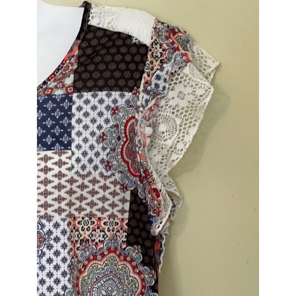 Patchwork Print Boho Top With Lace Ruffle Sleeves Bobbie Brooks Large Lagom - Picture 9 of 11
